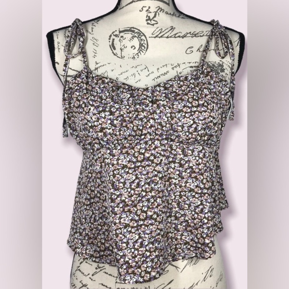 Shein, Floral Cropped Tank with Tie Closure Straps, Size Medium